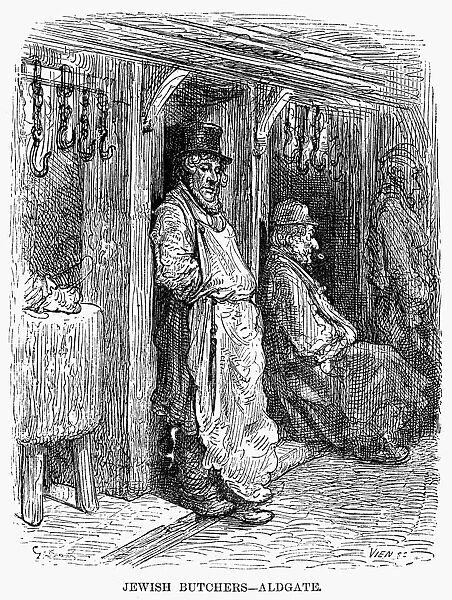 DOR├ë: LONDON, 1872. Jewish butchers of Aldgate, London. Wood engraving after Gustave Dor