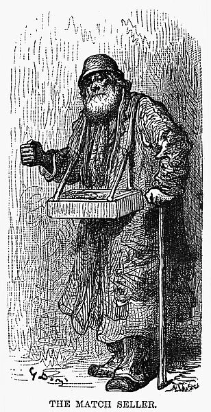 DOR├ë: LONDON, 1872. The Match Seller. Wood engraving after Gustave Dor