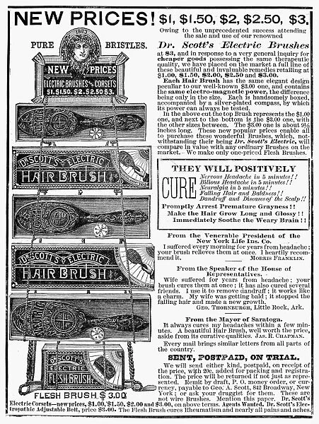 Dr. Scotts Electric Hair Brushes. American newspaper advertisement, 1882