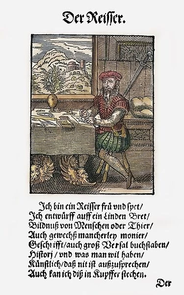 DRAFTSMAN, 1568. A draftsman, designer of wood blocks and copper plates for printing