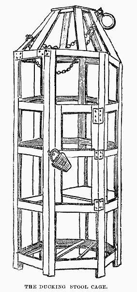 DUCKING STOOL CAGE. Medieval ducking stool cage. 19th century wood engraving