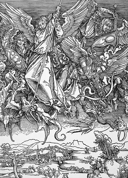 DURER: SAINT MICHAEL, 1498. Evicting Lucifer and the fallen angels from Heaven