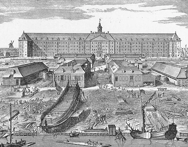 DUTCH SHIPBUILDING, 1694. Wharf and shipbuilding yard of the Dutch East India Company: copper engraving, 1694, by J. Mulder