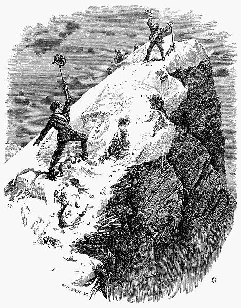 EDWARD WHYMPER, 1865. Edward Whymper (at left) calling to his guide, Michael Croz, on reaching the summit of the Matterhorn on the first ascent of the mountain, 14 July 1865. Wood engraving, 1871, by Edward Whymper