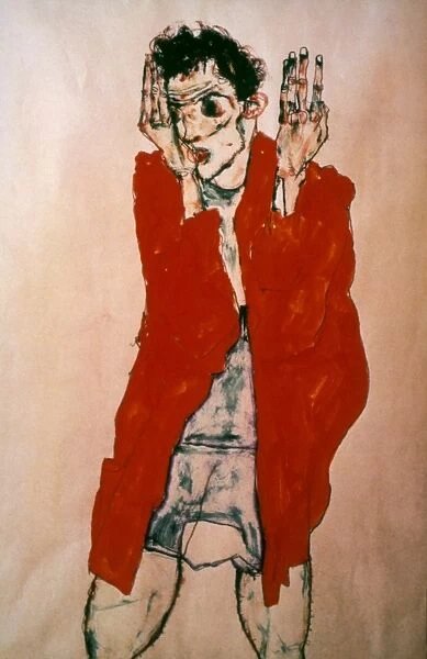 EGON SCHIELE (1890-1918). Austrian painter. Self-Portrait with Raised Arms. Black chalk