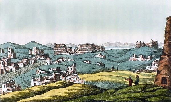 EGYPT: CITY OF BACCHUS. A view of the ruins of the City of Bacchus, on Lake Moeris in the Faiyum oasis, Egypt. Wood engraving from Giovanni Battista Belzonis Viaggi in Egitto ed in Nubia, Milan, 1825