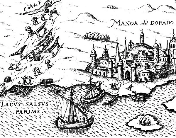 EL DORADO, 1599. The city of El Dorado situated on the imaginary Lake Parima. At top left, a party of travelers portage their boats to the lake from the headwaters of the (real) River Essequibo, a theoretical approach much favored by early explorers. Line engraving, 1599