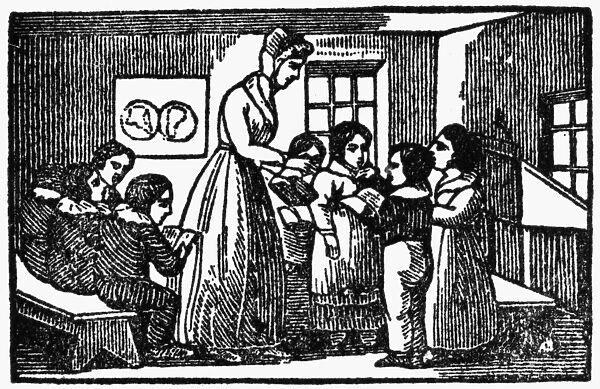 ELEMENTARY SCHOOL, 1831. A teacher and her class. Wood engraving, American, 1831
