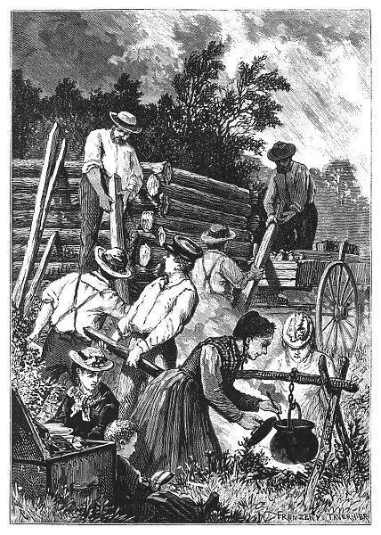 EMIGRANTS: BUILDING CABIN. Emigrants building a log cabin in the American West