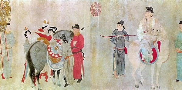 Emperor Ming Huang (712-756) and his famous concubine, Yang Kuei-fei, on horseback. Detail from a copy of a T ang Dynasty scroll by Chien Shuan, late 13th century. Ink and color on paper