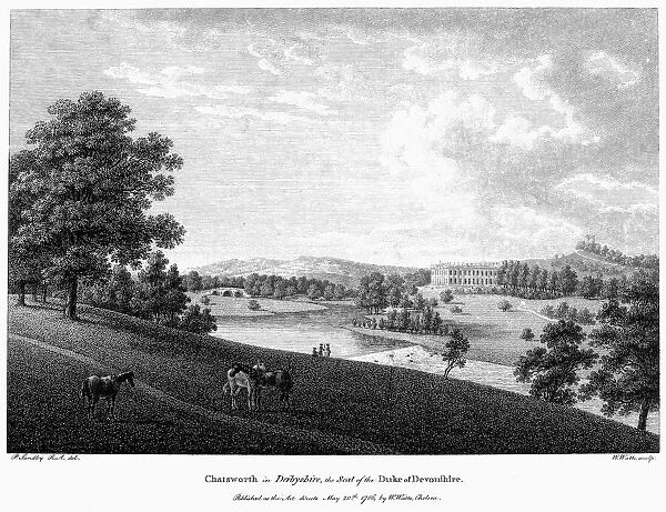 ENGLAND: CHATSWORTH, 1786. Chatsworth in Derbyshire, the seat of the Duke of Devonshire. Line engraving, 1786, by W. Watts