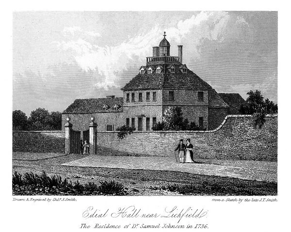 English man of letters. The unsuccessful school at Edial, near Lichfield, England, started by Samuel Johnson in 1736. Line engraving, 1835
