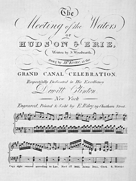 ERIE CANAL SONGSHEET, 1825. Sheet music cover for The Meeting of the Waters of Hudson & Erie
