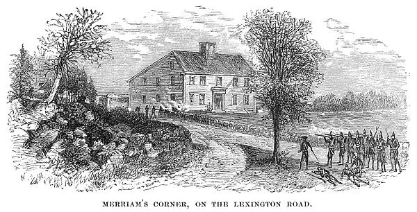 Fighting at Merriams Corner, on the Lexington Road, 19 April 1775. Line engraving, 19th century