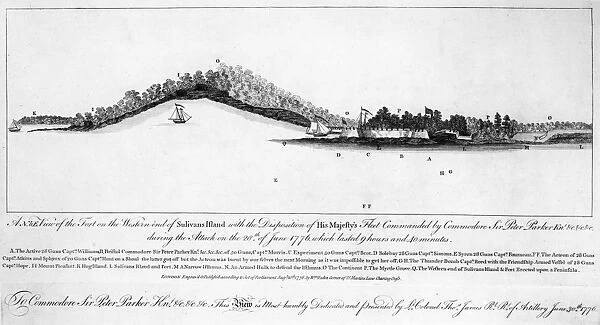 FORT SULLIVAN, 1776. Fort Sullivan (later Fort Moultrie) on Sullivans Island at the entry to the harbor of Charleston, South Carolina. English engraved plan from a drawing made two weeks after the British naval attack, 28 June 1776