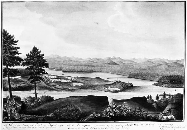 FORT TICONDEROGA, 1759. View of Fort Ticonderoga on Lake Champlain, New York. Watercolor