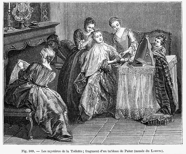 FRANCE: DAILY LIFE. The mysteries of a ladys toilette. French wood engraving after the painting by Jean Baptiste Joseph Pater (1695-1736)