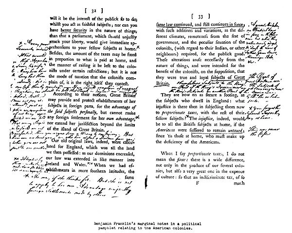 FRANKLIN: NOTES, c1775. Benjamin Franklins marginal notes in a political pamphlet