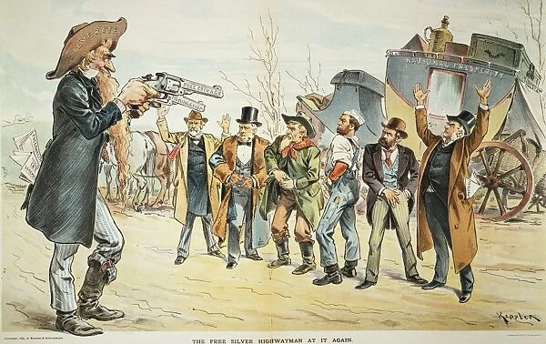 FREE SILVER CARTOON, 1896. The Free Silver Highwayman at it Again : American cartoon
