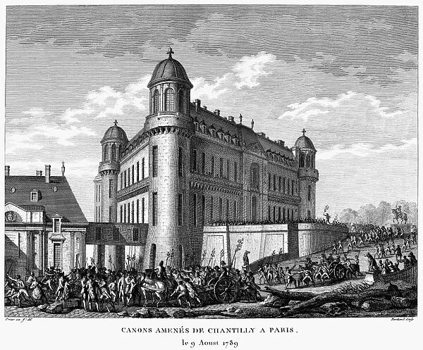 FRENCH REVOLUTION, 1789. Artillery being transported from the Chateau de Chantilly to Paris, 9 August 1789. Contemporary French engraving by Jean-Louis Prieur