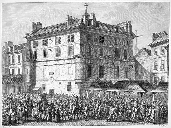 FRENCH REVOLUTION, 1789. The freeing of the members of the Garde Francaise at the Abbey of St. Germain, 30 June 1789. French line engraving by Jean-Louis Prieur, early 19th century