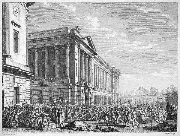 FRENCH REVOLUTION, 1789. The pillaging of the furniture repository in Paris, France, by a mob, 13 July 1789. Contemporary French engraving by Jean-Louis Prieur