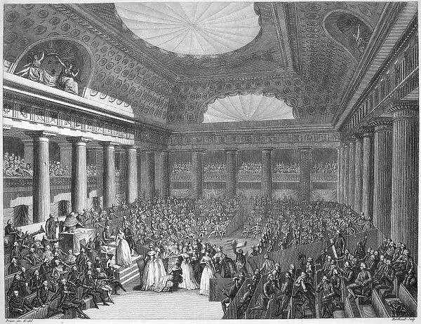 FRENCH REVOLUTION, 1789. Women artists presenting offerings to the National Assembly, 7 September 1789. French line engraving by Jean-Louis Prieur, 1817