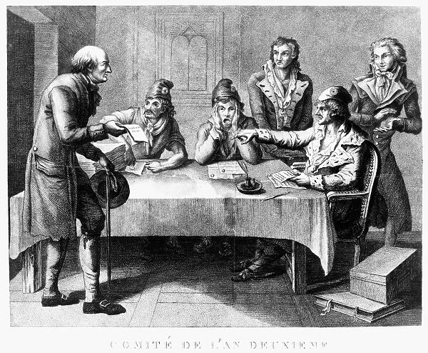 FRENCH REVOLUTION, 1793. A man holding a certificate of good citizenship before the Committee of Public Safety in 1793. Maximilian Robespierre stands at extreme right. Engraving by Jean Baptiste Huet, c1793