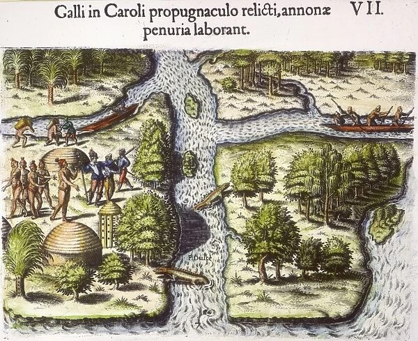 FRENCH: STH. CAROLINA, 1562. Volunteers left by Jean Ribault in 1562 at Charlesfort (near present day Beaufort, South Carolina) seek provisions from friendly Native Americans. Line engraving, 1590, by Theodor de Bry