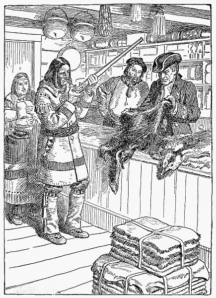 FRONTIER TRADING POST, 1785. A Native American trading fur for guns at a frontier trading post
