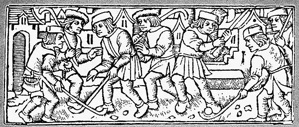 The game of het kolven, a precursor to golf, played in the Netherlands. Woodcut, French, 1497