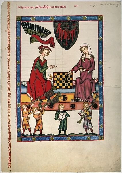GERMAN MINNESINGER 14th C. The minnesinger Markgraf Otto von Brandenburg, in an illumination from the early 14th century great Heidelberg Lieder manuscript