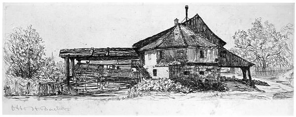 GERMANY: MILL. Old mill on the Danube River in Bavaria, Germany. Etching, 1879, by Otto H