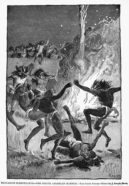 GHOST DANCE, c1888. Barbarism Illustrated: The North American Manner. Contemporary depiction of the Ghost Dance, drawn by John Steeple Davis. Wood engraving, c1888