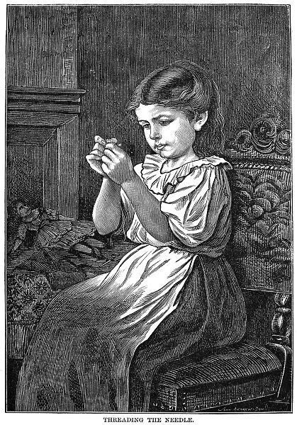 GIRL SEWING, 1873. Threading the Needle. Wood engraving, American, 1873