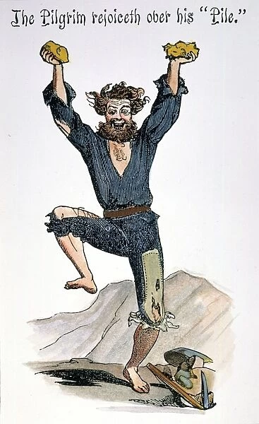GOLD RUSH, 1853. A California miner rejoicing over his discovery of gold: engraving from a poem, The Miners Progress, or Scenes in the Life of California, published at Sacramento in 1853