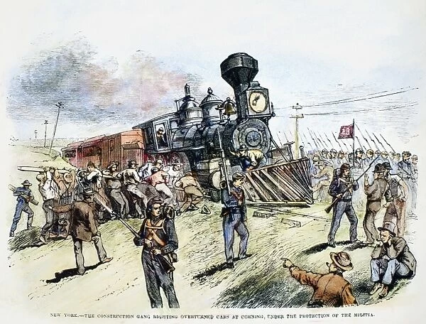 GREAT RAILROAD STRIKE, 1877. Construction gang righting overturned cars at Corning, New York, under the protection of the militia during the Great Railroad Strike of 1877. Contemporary American wood engraving