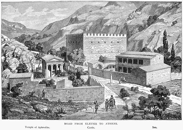 GREECE: ROAD TO ATHENS. Road from Eleusis to Athens. Temple of Aphrodite is shown at left. Wood engraving, late 19th century, after a drawing by Johann Rudolf B├╝hlmann
