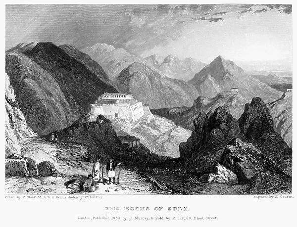GREECE: SOULI, 1833. View of the mountain settlement of Souli, in Epirus in northwestern Greece. Steel engraving, English, 1833, by John Cousen after Clarkson Stanfield