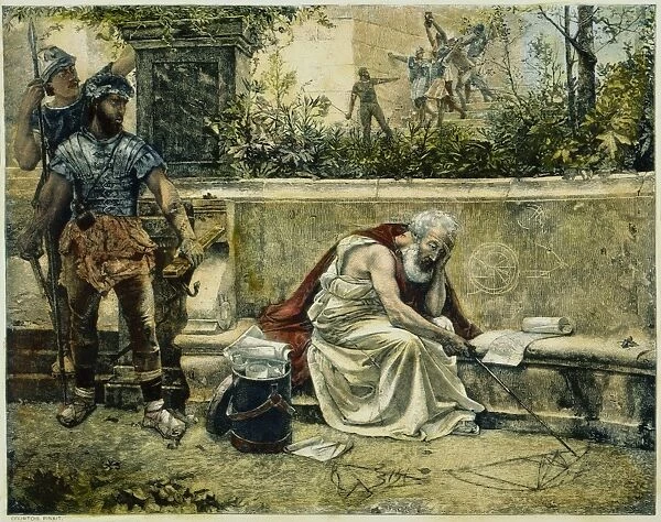 Greek mathematician and inventor. The death of Archimedes during the capture of Syracuse, Sicily, by Roman soldiers led by Marcellus. Wood engraving, late 19th century, after a painting by Gustave Claude Etienne Courtois (1853-1923)