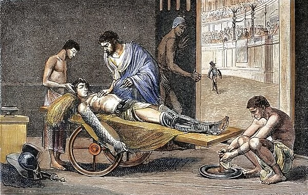 Greek physician. Galen ministering to gladiators wounded in the arena at Pergamum. Line engraving, 19th century