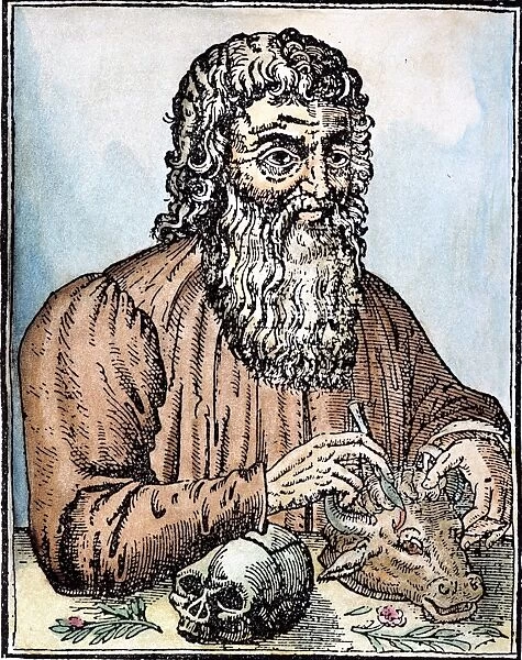 Greek physician. Woodcut, French, from Ambroise Par