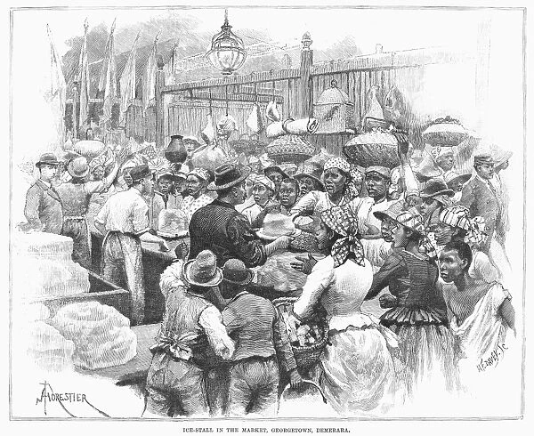 GUYANA: MARKET, 1888. An ice stand at a market in Georgetown, Demerara (later British Guyana, present day Guyana). Wood engraving, English, 1888