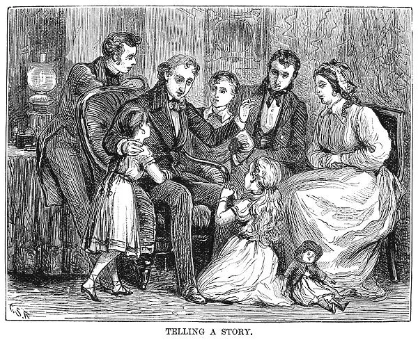 HANS CHRISTIAN ANDERSEN (1805-1875). Danish writer. Andersen telling a story to children. Wood engraving, American, 1875, after Charles Stanley Reinhart