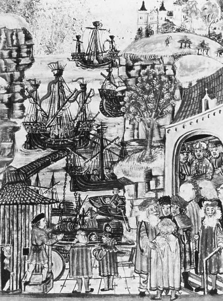 HANSEATIC MERCHANTS, 1400s. Hanseatic merchants in the busy port of Hamburg, Germany