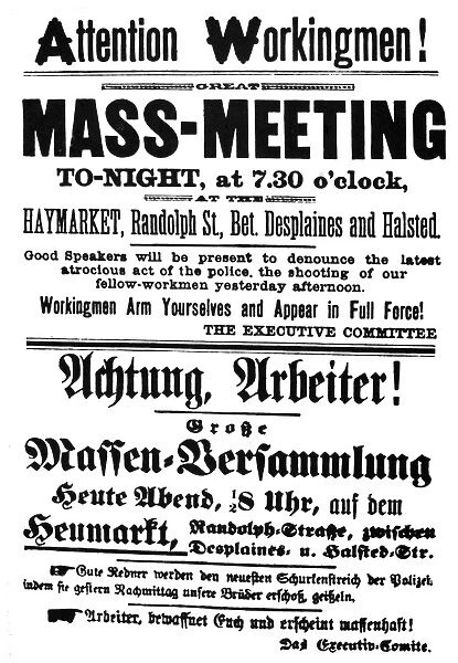 HAYMARKET HANDBILL, 1886. Handbill in English and in German calling the mass meeting