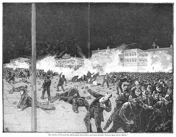 HAYMARKET RIOT, 1886. The Police Followed the Retreating Anarchists and Sent Deadly Volleys Into Their Midst in Chicago, Illinois, 4 May 1886. Wood engraving, 1887