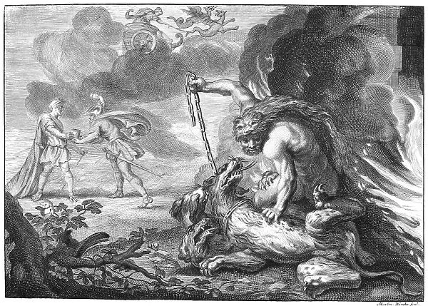 HERCULES. Hercules chaining Cerberus, guardian of the underworld, and Aegeus saving Theseus from being poisoned by Medea (flying away in her chariot). Line engraving, English, late 18th century