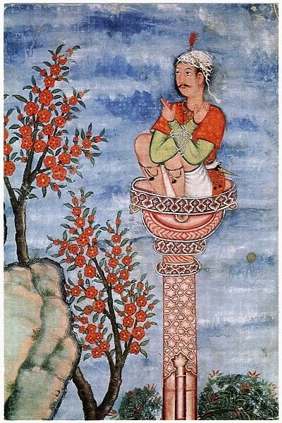 A hermit sitting on a stylite. Indian mughal miniature painting from the Hamzanama, c1570
