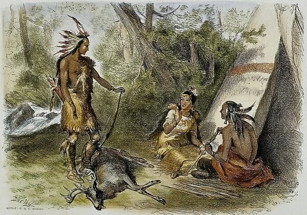 HIAWATHA & MINNEHAHA. The meeting of Hiawatha and Minnehaha: colored engraving by Felix O. C. Darley from a 19th century edition of Longfellows The Song of Hiawatha